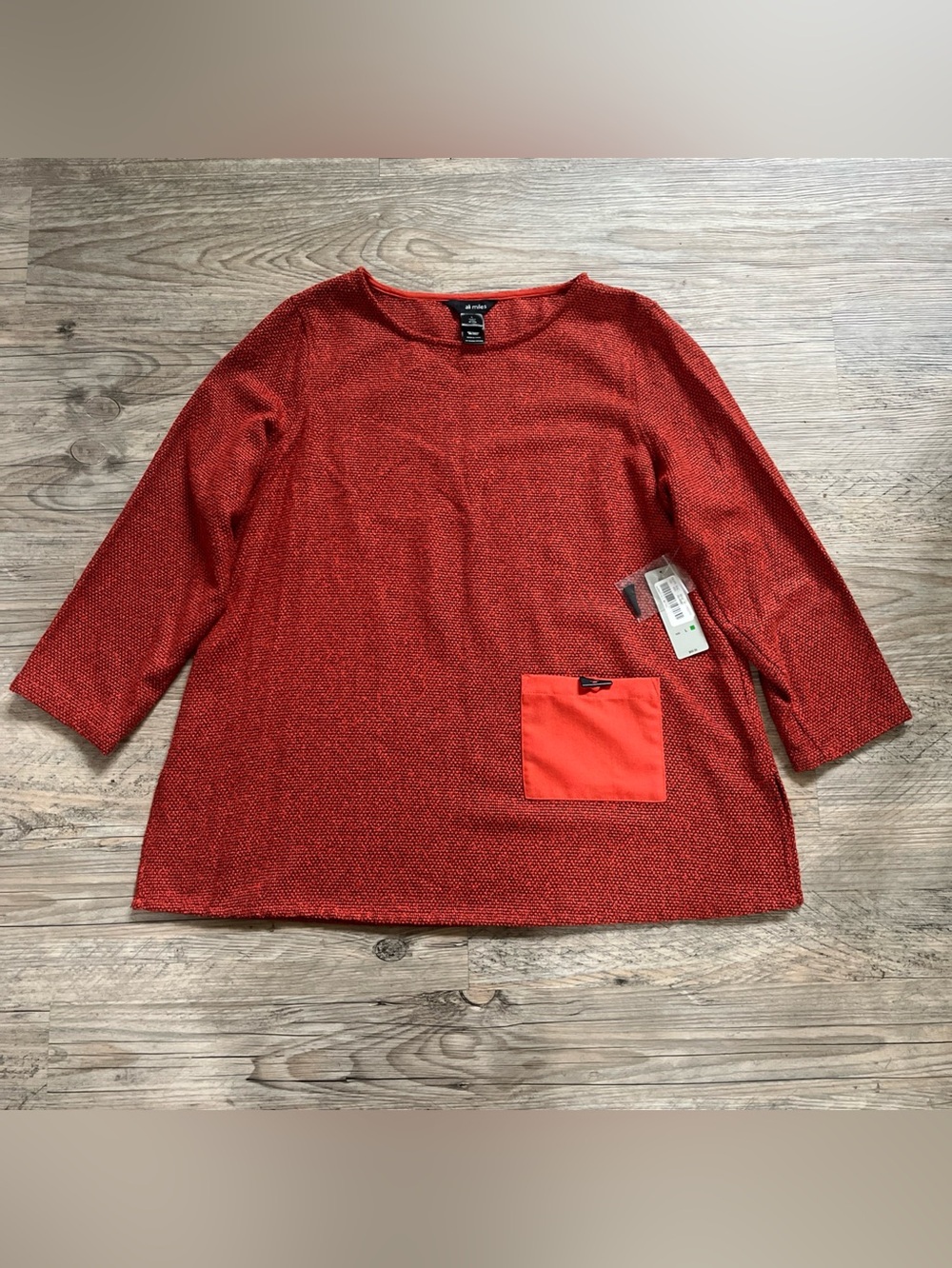 Ali Miles Textured Tunic Top Large Rust Burnt Orange Asymmetric Pocket Blouse